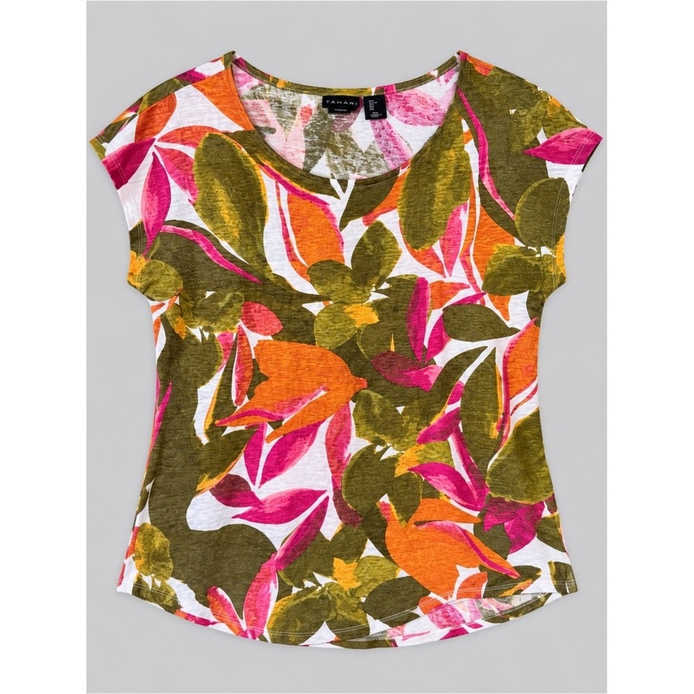 Tahari 100% Linen Blouse Tunic Large Beach Coastal Euro Summer Tropical Bohemian